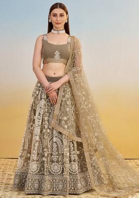 Brown Embroidery Net Lehenga Set