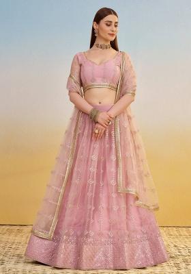 Pink Embroidery Net Lehenga Set
