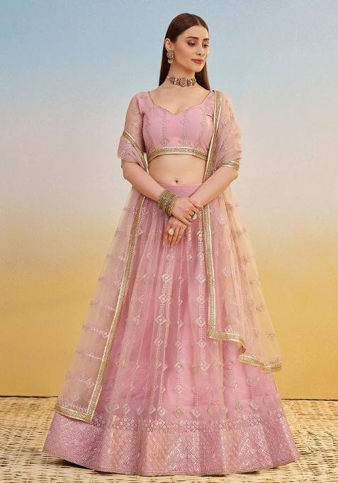 Pink Embroidery Net Lehenga Set