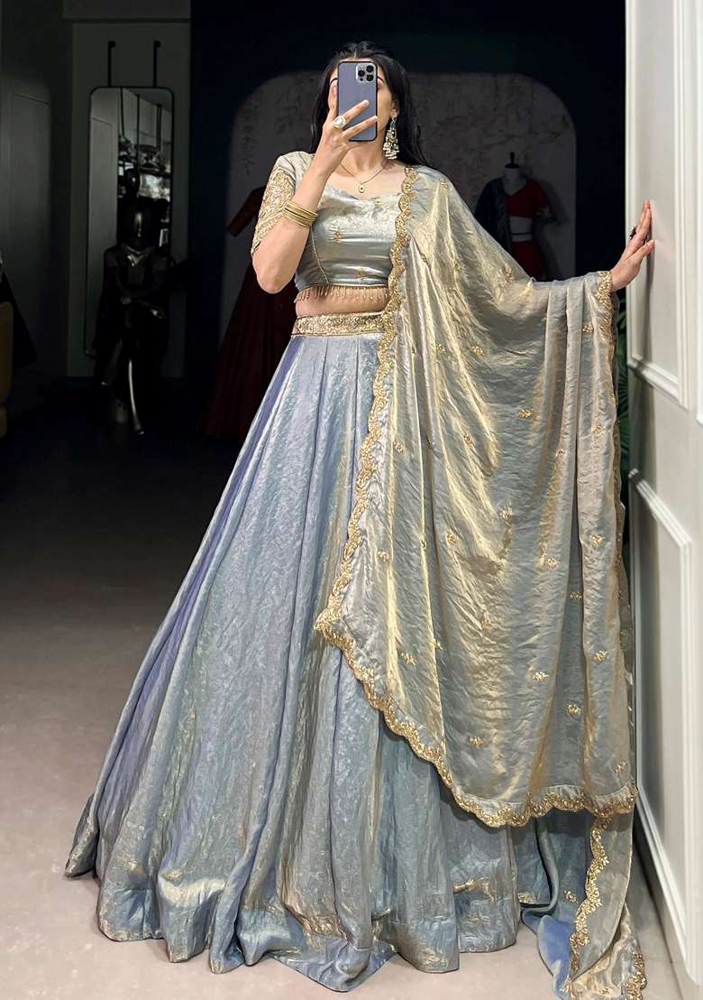 Sky Blue Embroidery Organza Lehenga Set - Indya