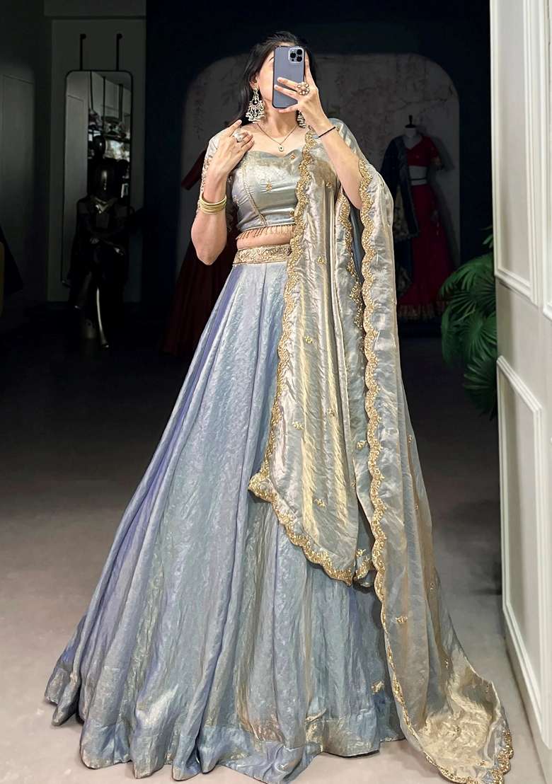 Sky Blue Embroidery Organza Lehenga Set - Indya