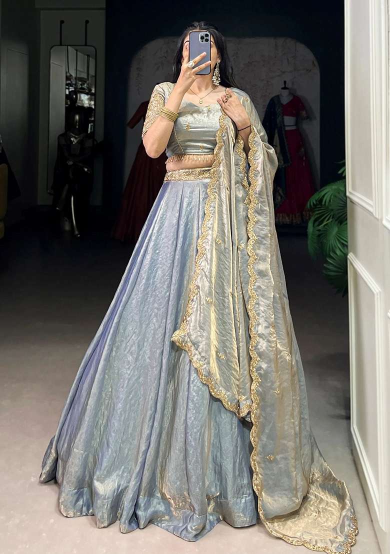 Sky Blue Embroidery Organza Lehenga Set - Indya