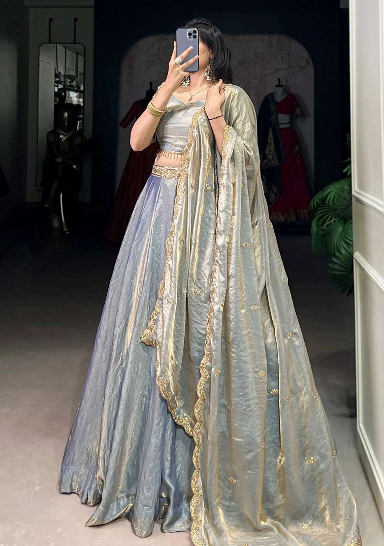 Sky Blue Embroidery Organza Lehenga Set - Indya