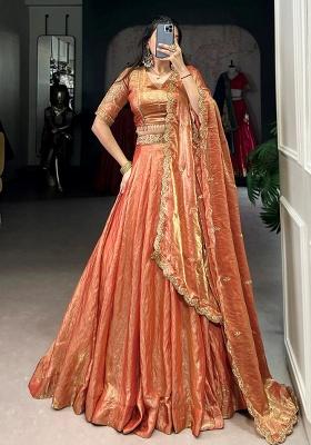 Orange Embroidery Organza Lehenga Set