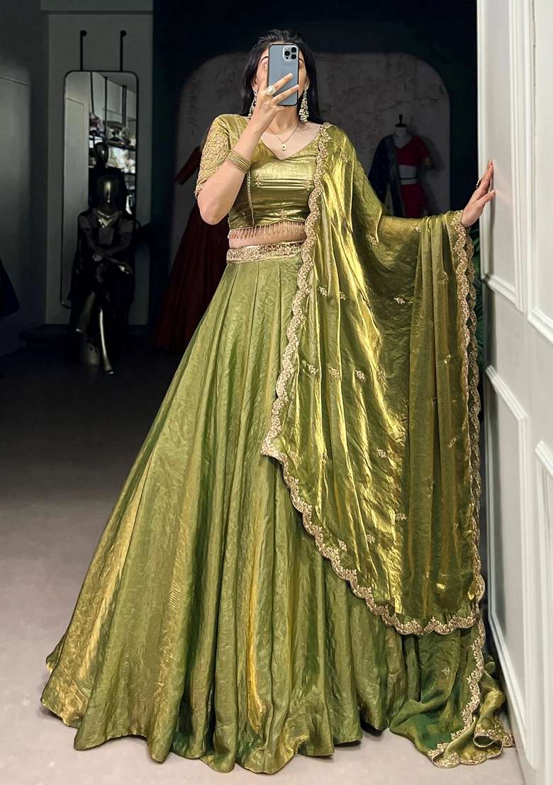 Green Embroidery Organza Lehenga Set - Indya