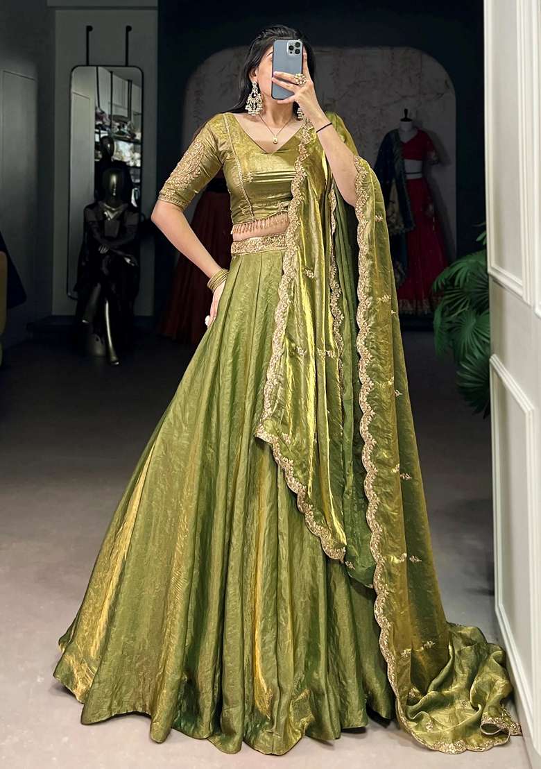 Green Embroidery Organza Lehenga Set - Indya