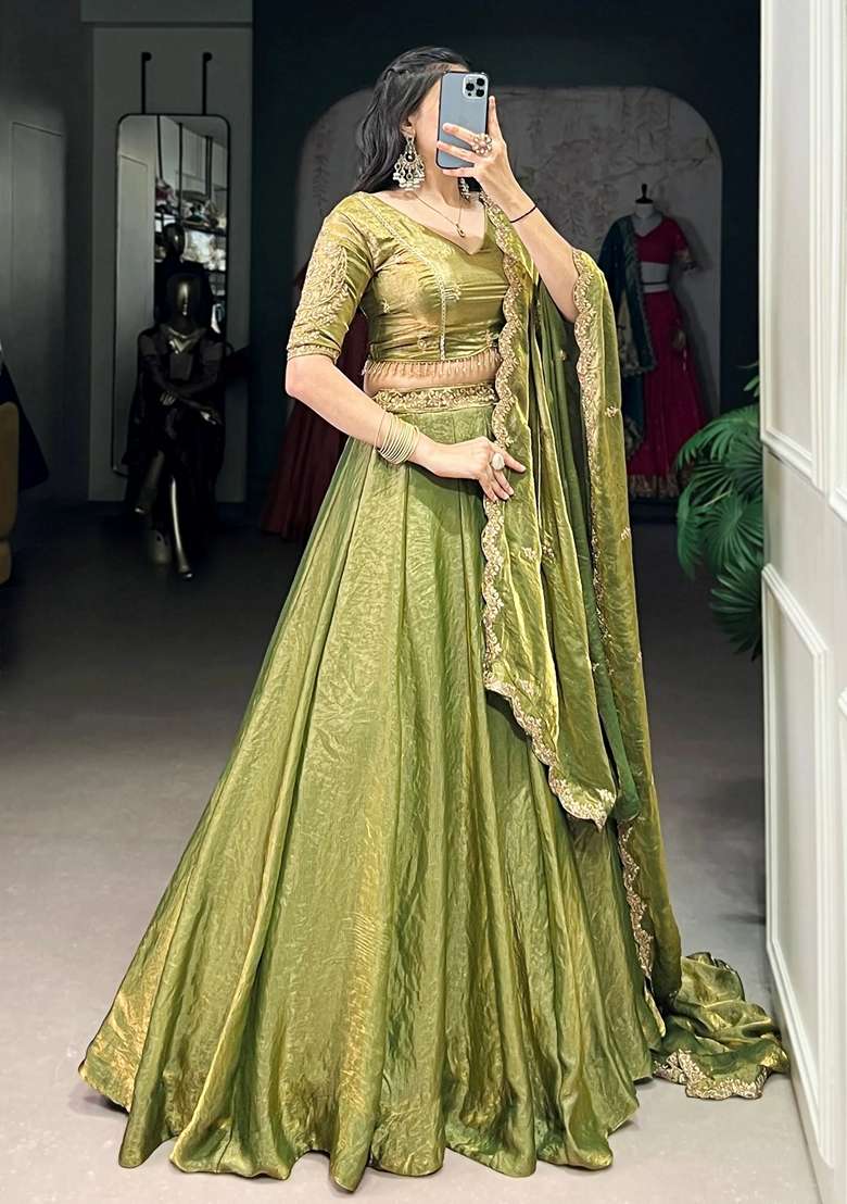 Green Embroidery Organza Lehenga Set - Indya