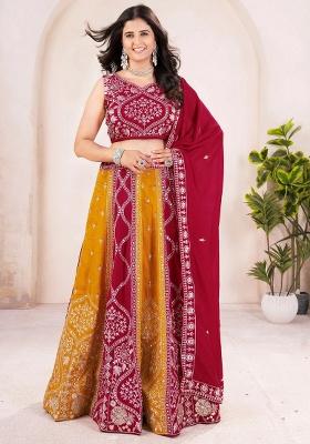 Red Embroidery Silk Lehenga Set
