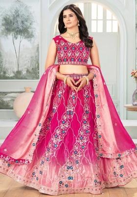 Pink Embroidery Chinon Lehenga Set