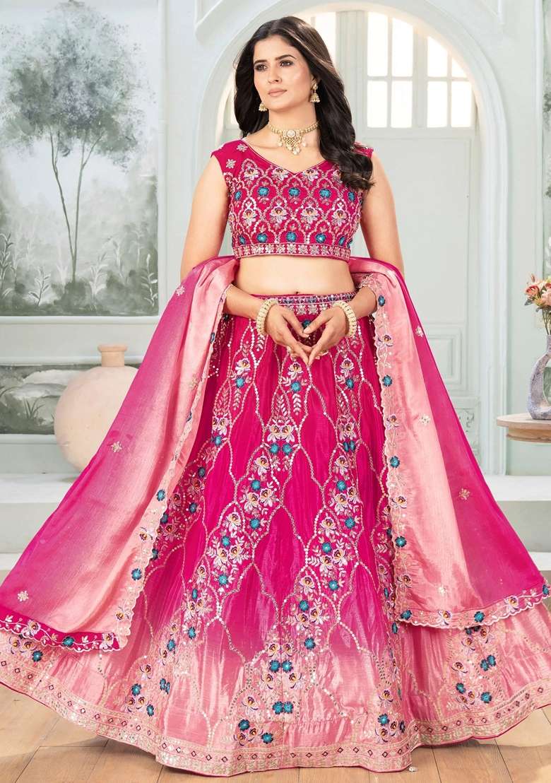 Pink Embroidery Chinon Lehenga Set for Diwali and Festive Wear - Indya