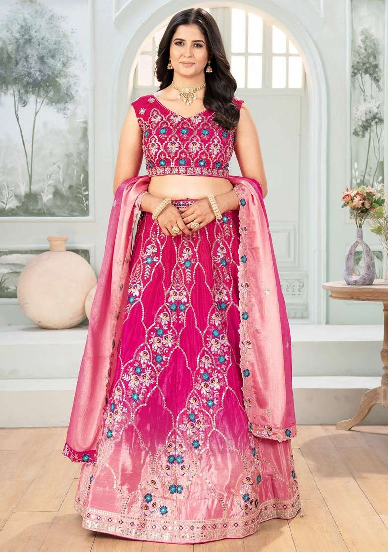 Pink Embroidery Chinon Lehenga Set for Diwali and Festive Wear - Indya