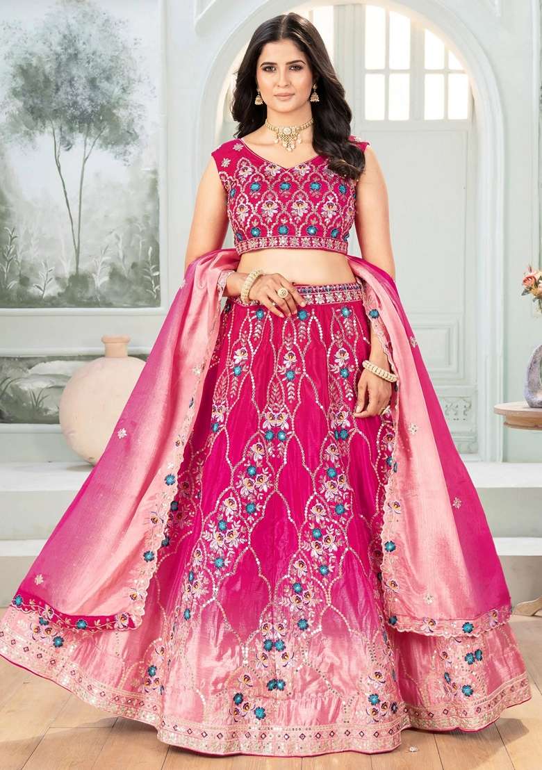 Pink Embroidery Chinon Lehenga Set for Diwali and Festive Wear - Indya