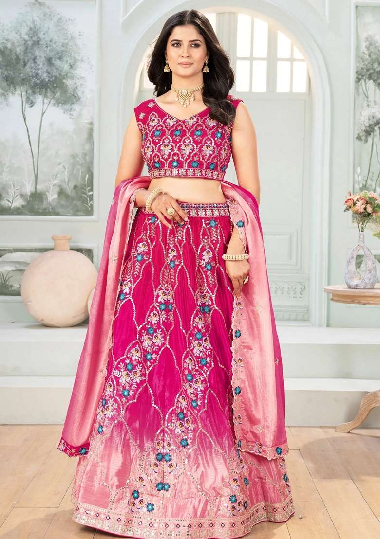 Pink Embroidery Chinon Lehenga Set for Diwali and Festive Wear - Indya