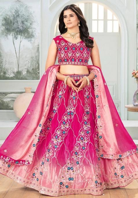 Pink Embroidery Chinon Lehenga Set