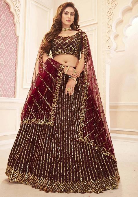 Maroon Embroidery Silk Lehenga Set — view on Indya