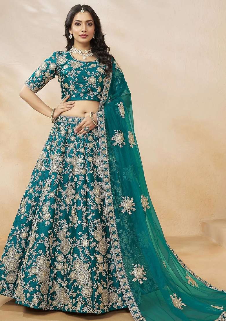 Green Embroidery Silk Blend Lehenga Set for Diwali and Festive Wear - Indya