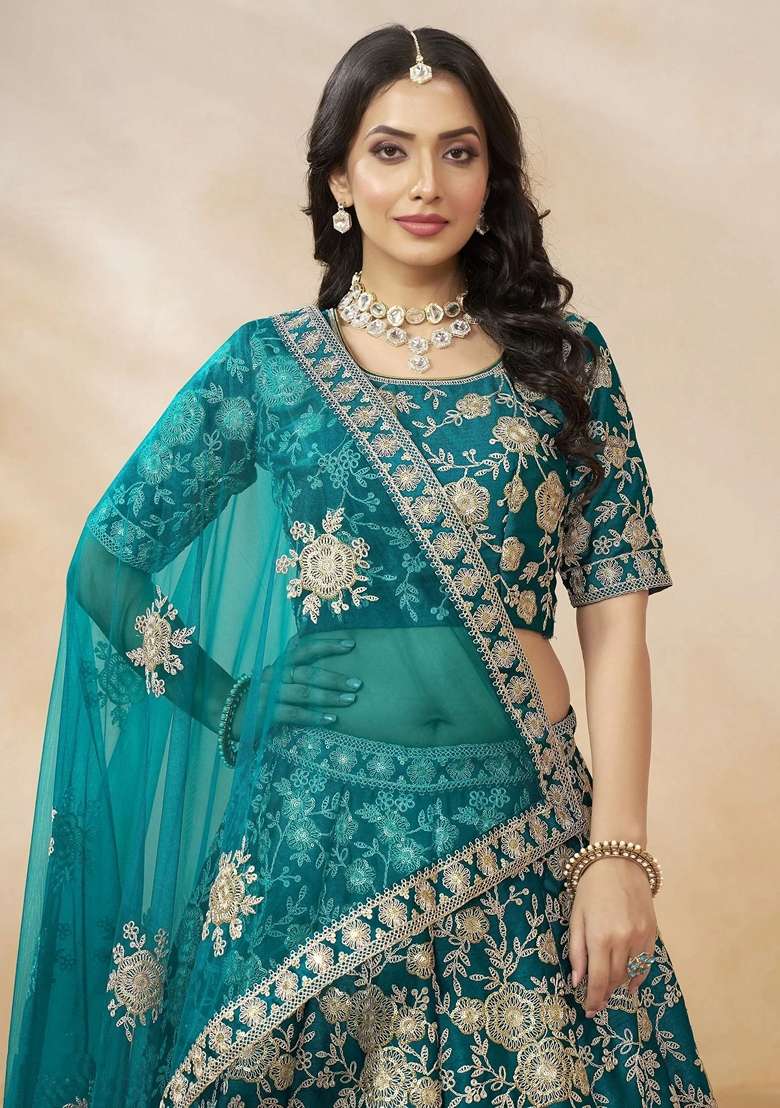 Green Embroidery Silk Blend Lehenga Set for Diwali and Festive Wear - Indya