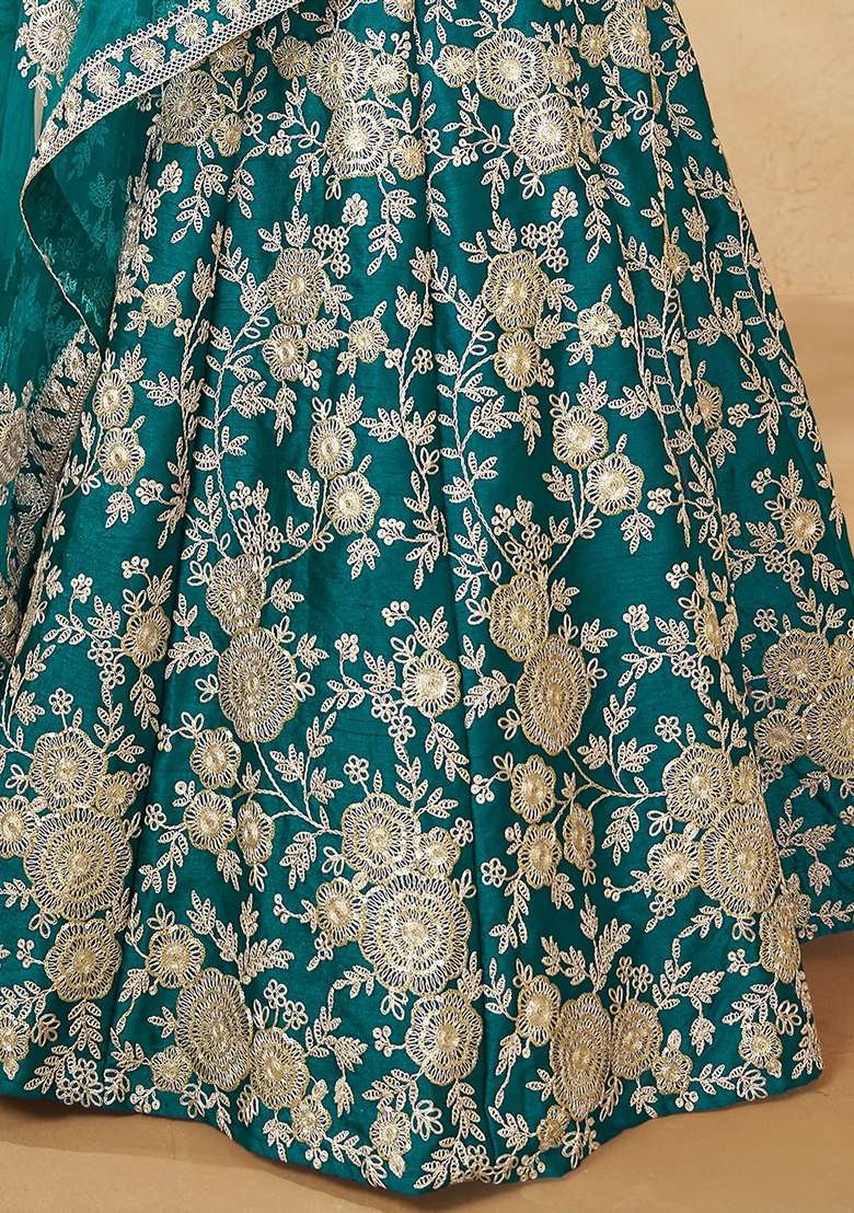 Green Embroidery Silk Blend Lehenga Set for Diwali and Festive Wear - Indya