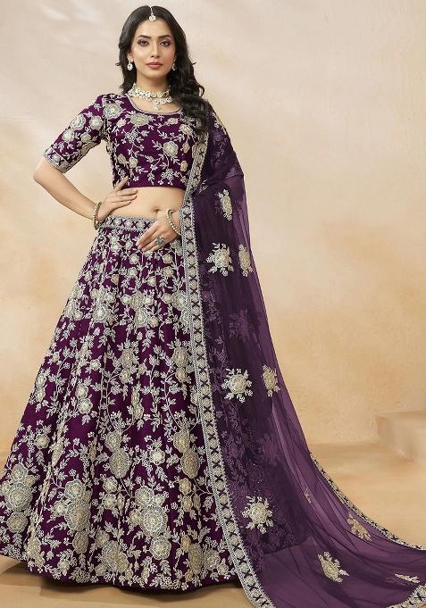 Purple Embroidery Silk Lehenga Set — view on Indya