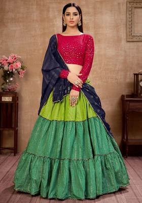 Green Zari Work Cotton Lehenga Set