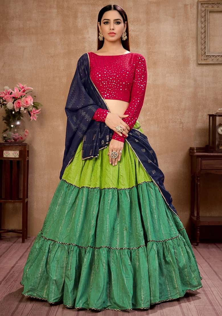 Green Cotton Lehenga Set with Zari Work for Diwali | Wedding & Festive Wear - Indya