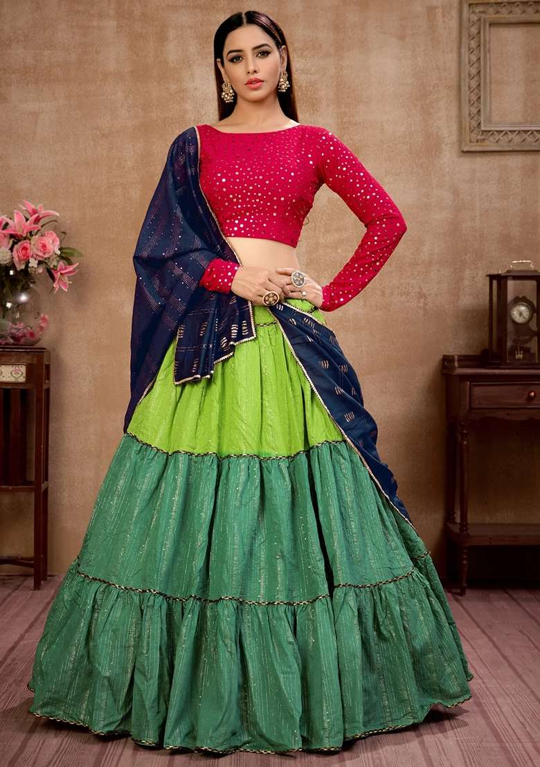 Green Cotton Lehenga Set with Zari Work for Diwali | Wedding & Festive Wear - Indya