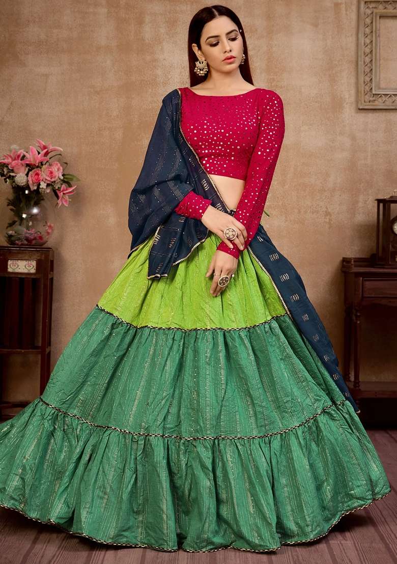 Green Cotton Lehenga Set with Zari Work for Diwali | Wedding & Festive Wear - Indya