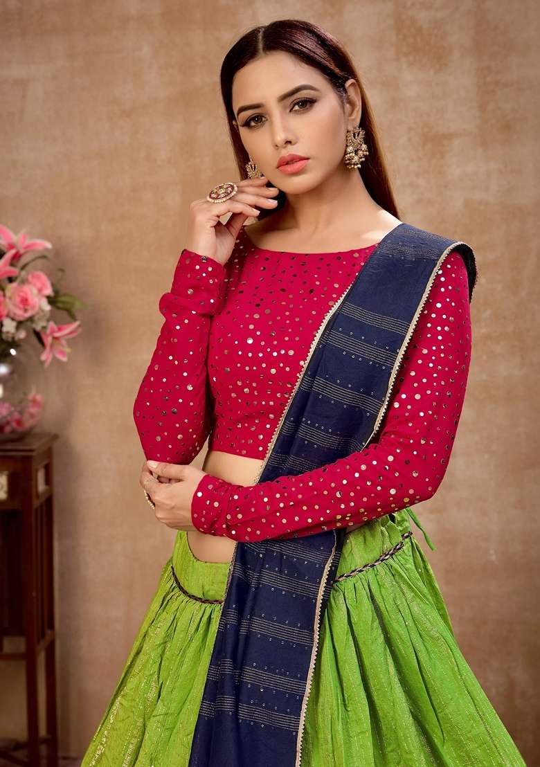 Green Cotton Lehenga Set with Zari Work for Diwali | Wedding & Festive Wear - Indya