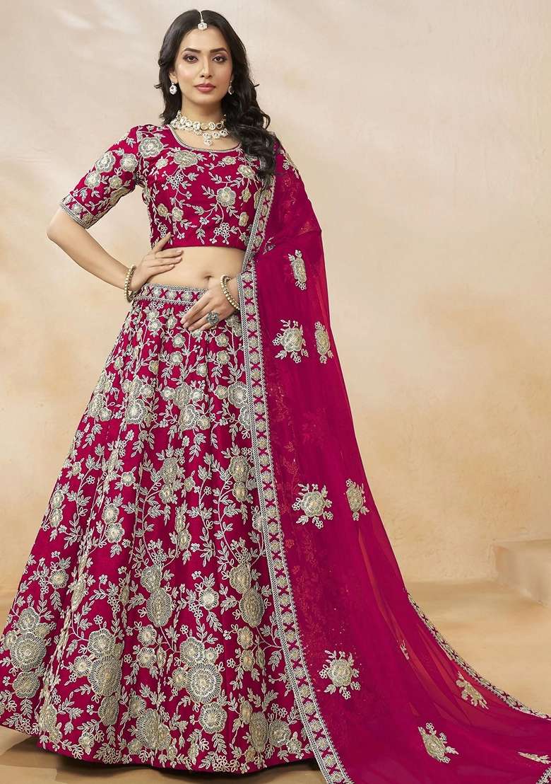 Pink Embroidery Silk Blend Lehenga Set for Diwali and Festive Wear - Indya