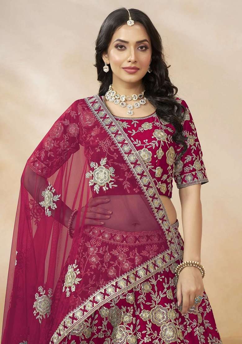 Pink Embroidery Silk Blend Lehenga Set for Diwali and Festive Wear - Indya