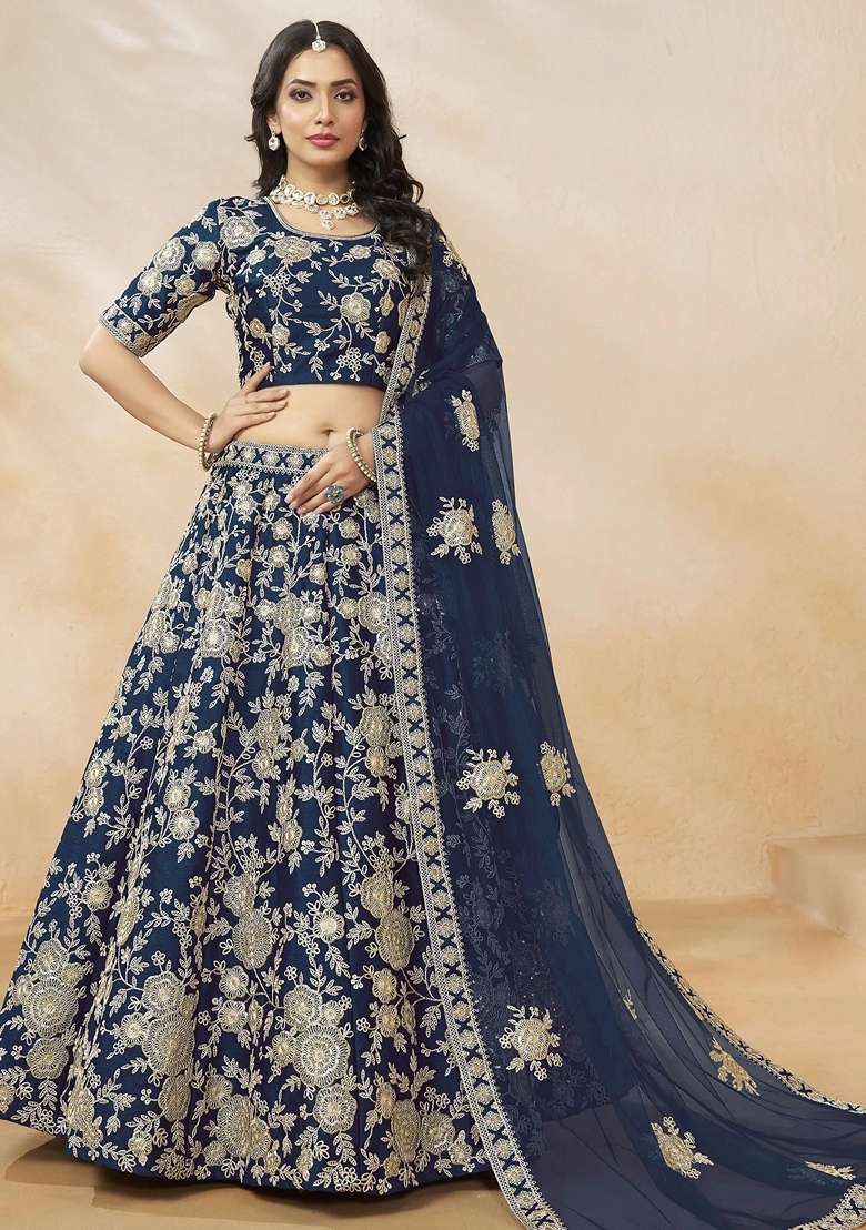 Navy Blue Silk Blend Lehenga Set with Embroidery for Diwali | Wedding & Festive Wear - Indya