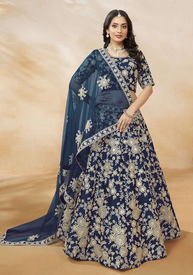 Navy Blue Silk Blend Lehenga Set with Embroidery for Diwali | Wedding & Festive Wear - Indya