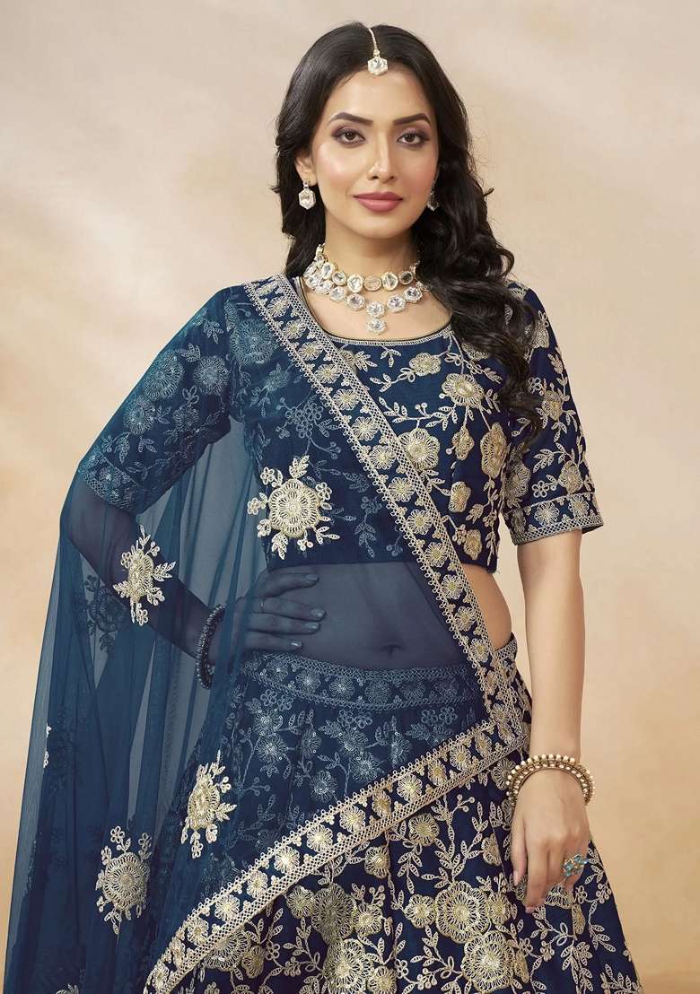 Navy Blue Silk Blend Lehenga Set with Embroidery for Diwali | Wedding & Festive Wear - Indya
