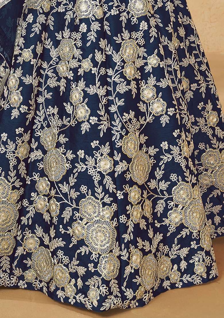 Navy Blue Silk Blend Lehenga Set with Embroidery for Diwali | Wedding & Festive Wear - Indya