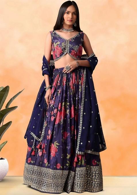 Purple Embroidery Chinon Lehenga Set