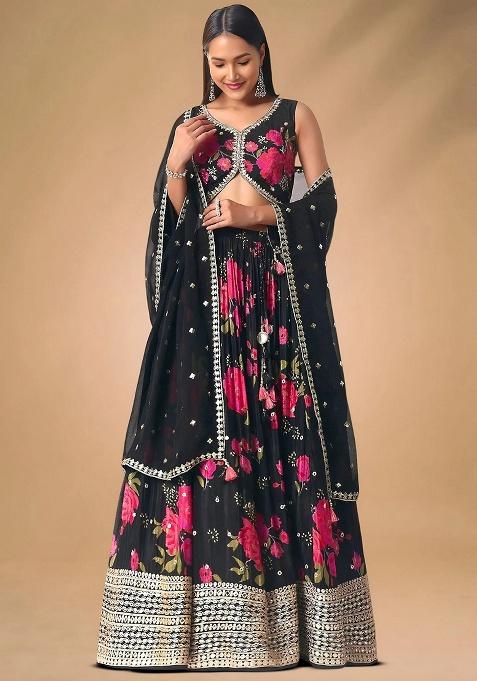 Black Embroidery Chinon Lehenga Set