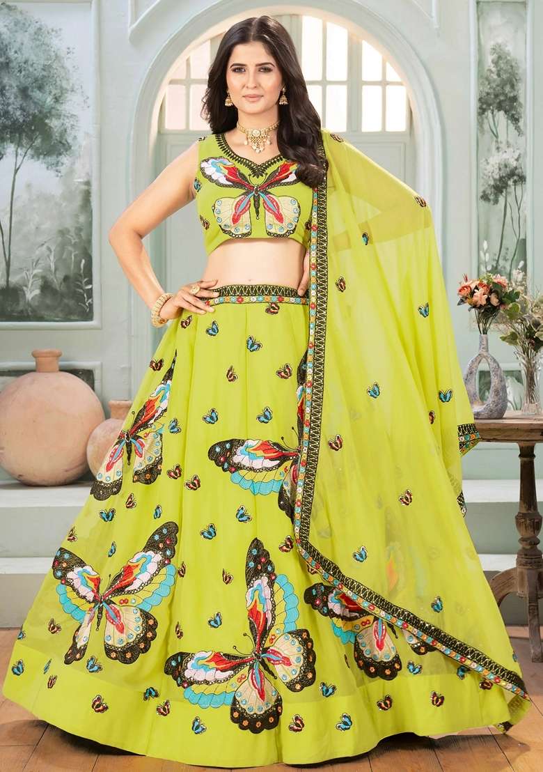 Green Georgette Lehenga Set with Embroidery for Diwali | Wedding & Festive Wear - Indya
