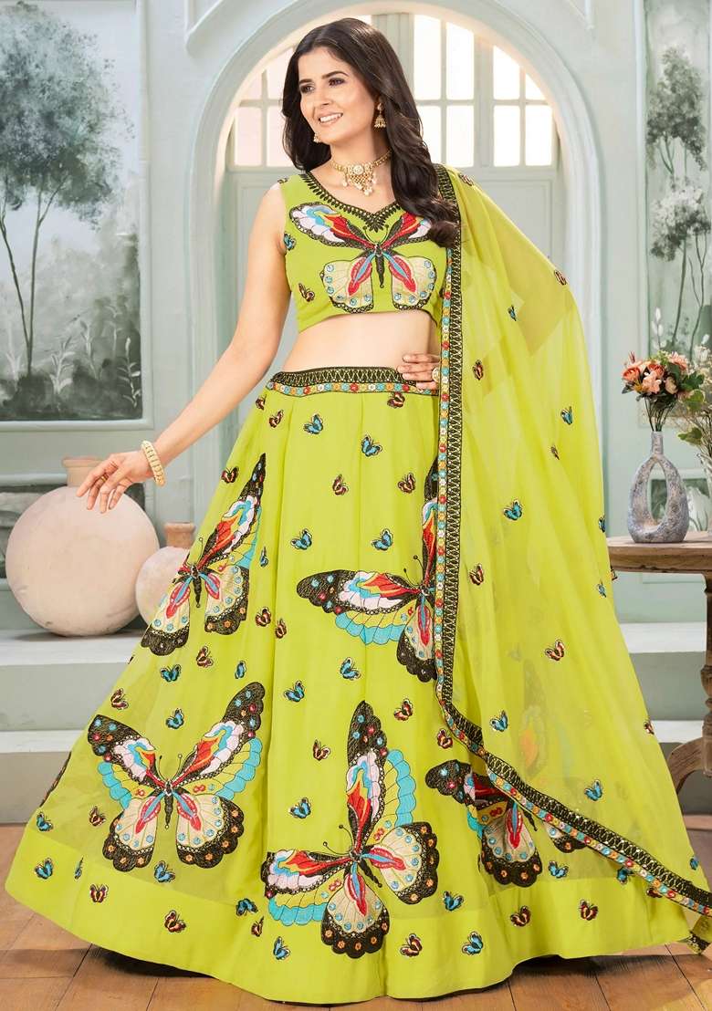 Green Georgette Lehenga Set with Embroidery for Diwali | Wedding & Festive Wear - Indya