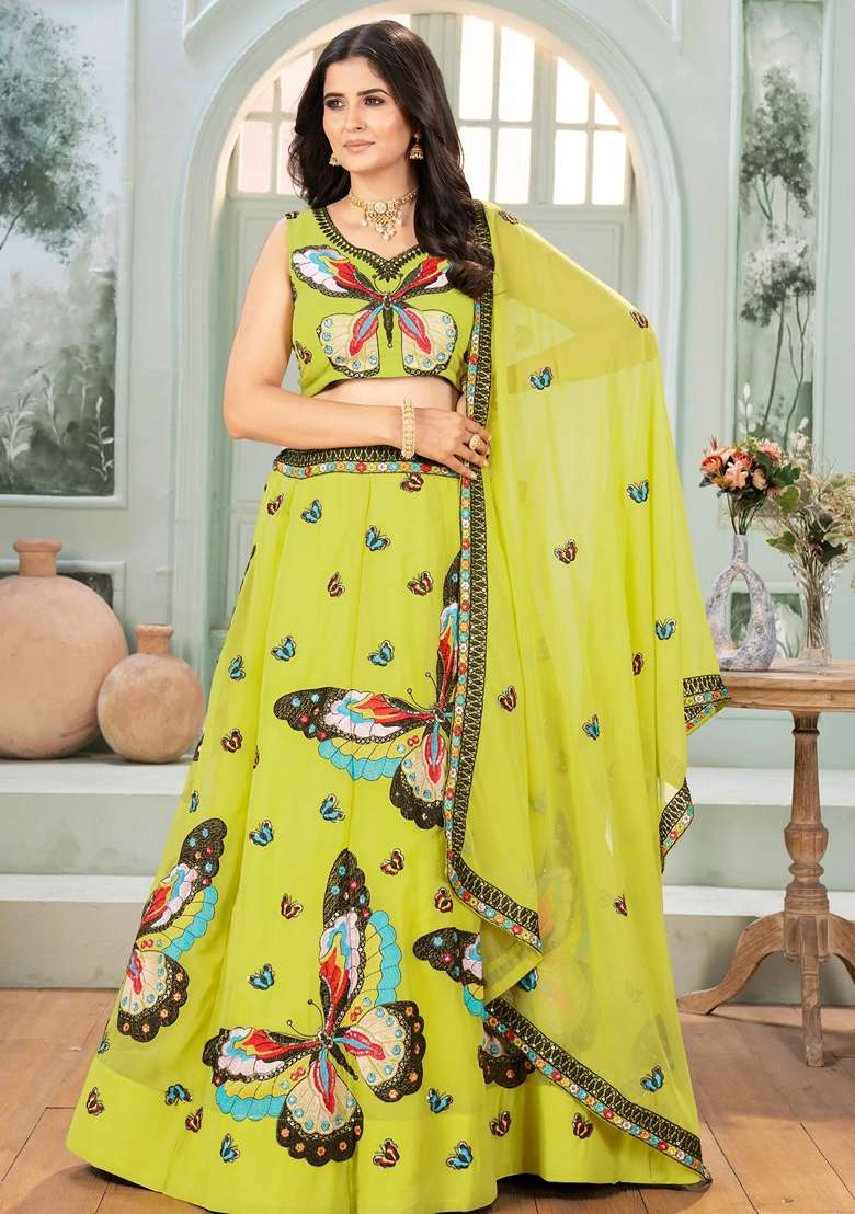 Green Georgette Lehenga Set with Embroidery for Diwali | Wedding & Festive Wear - Indya
