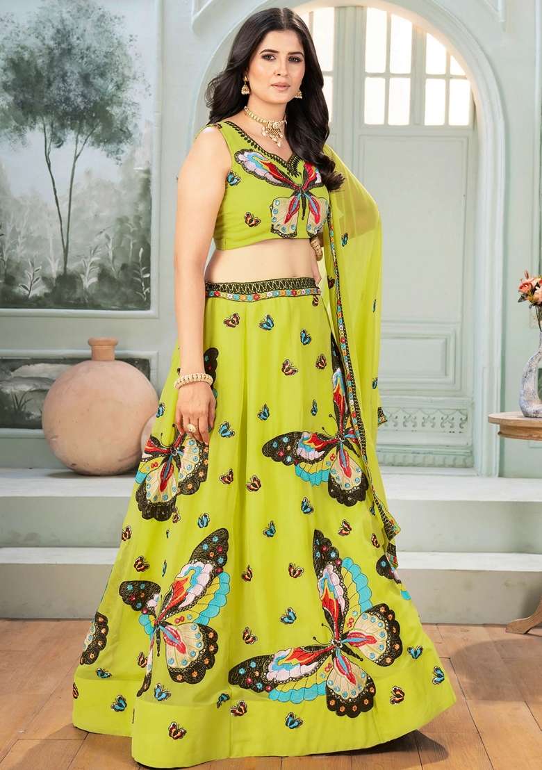 Green Georgette Lehenga Set with Embroidery for Diwali | Wedding & Festive Wear - Indya