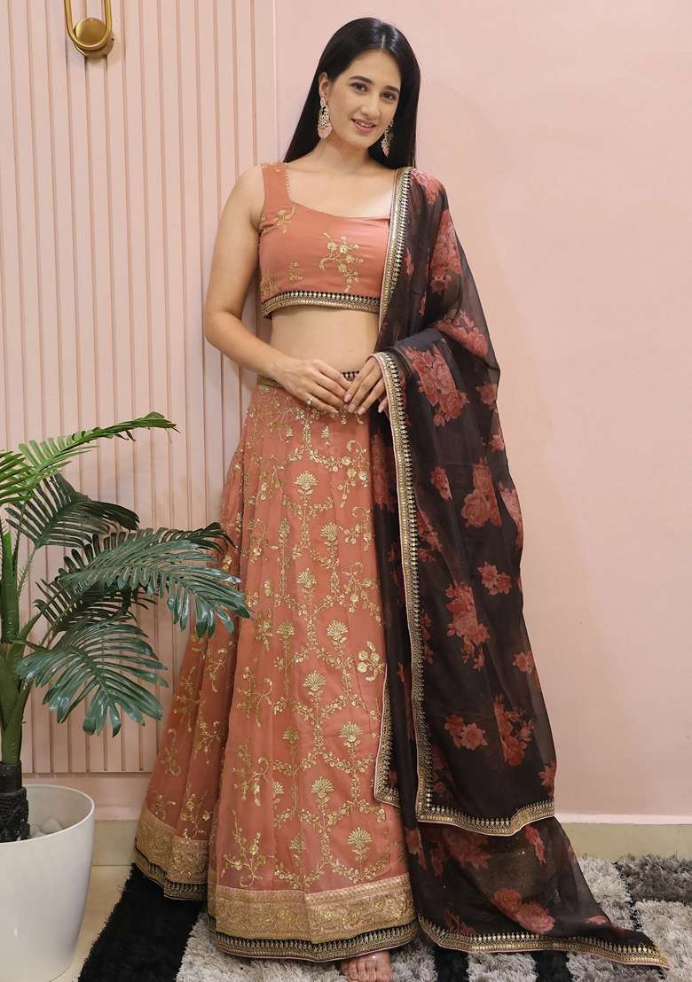 Pink Embroidery Georgette Lehenga Set for Diwali and Festive Wear - Indya