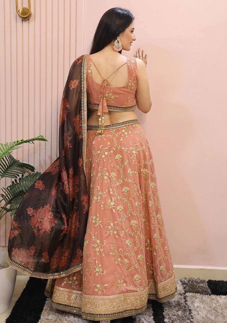 Pink Embroidery Georgette Lehenga Set for Diwali and Festive Wear - Indya