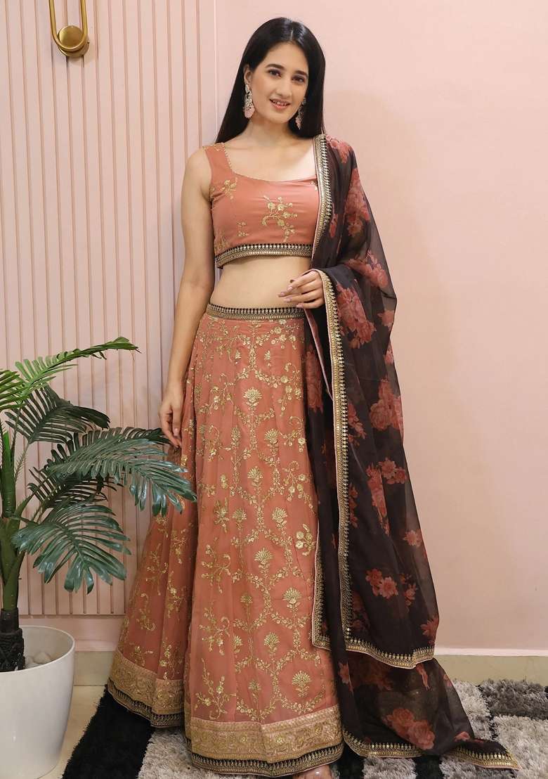 Pink Embroidery Georgette Lehenga Set for Diwali and Festive Wear - Indya