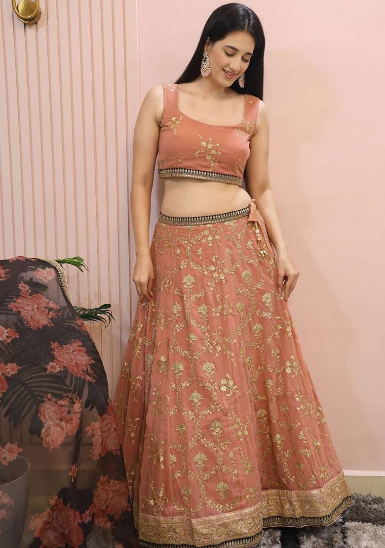 Pink Embroidery Georgette Lehenga Set for Diwali and Festive Wear - Indya