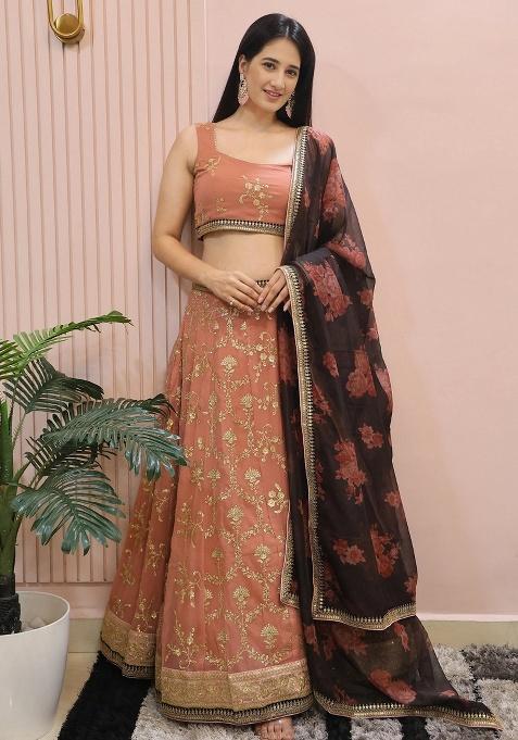 Pink Embroidery Georgette Lehenga Set