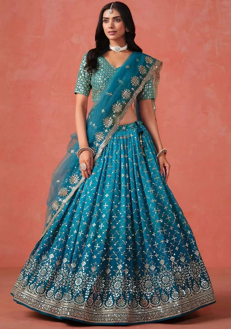 Blue Georgette Lehenga Set with Sequins for Diwali | Wedding & Festive Wear - Indya