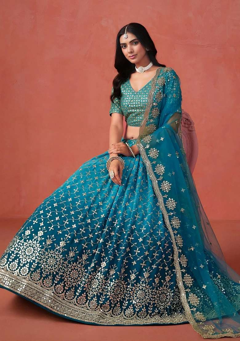 Blue Georgette Lehenga Set with Sequins for Diwali | Wedding & Festive Wear - Indya