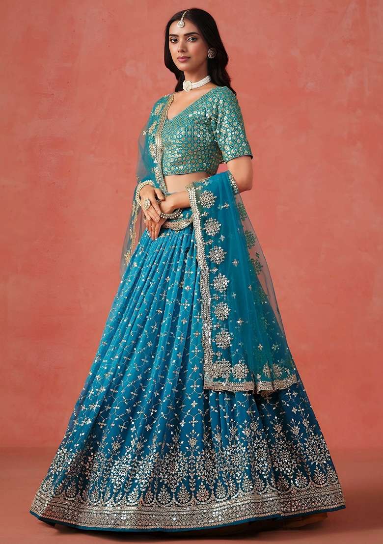 Blue Georgette Lehenga Set with Sequins for Diwali | Wedding & Festive Wear - Indya