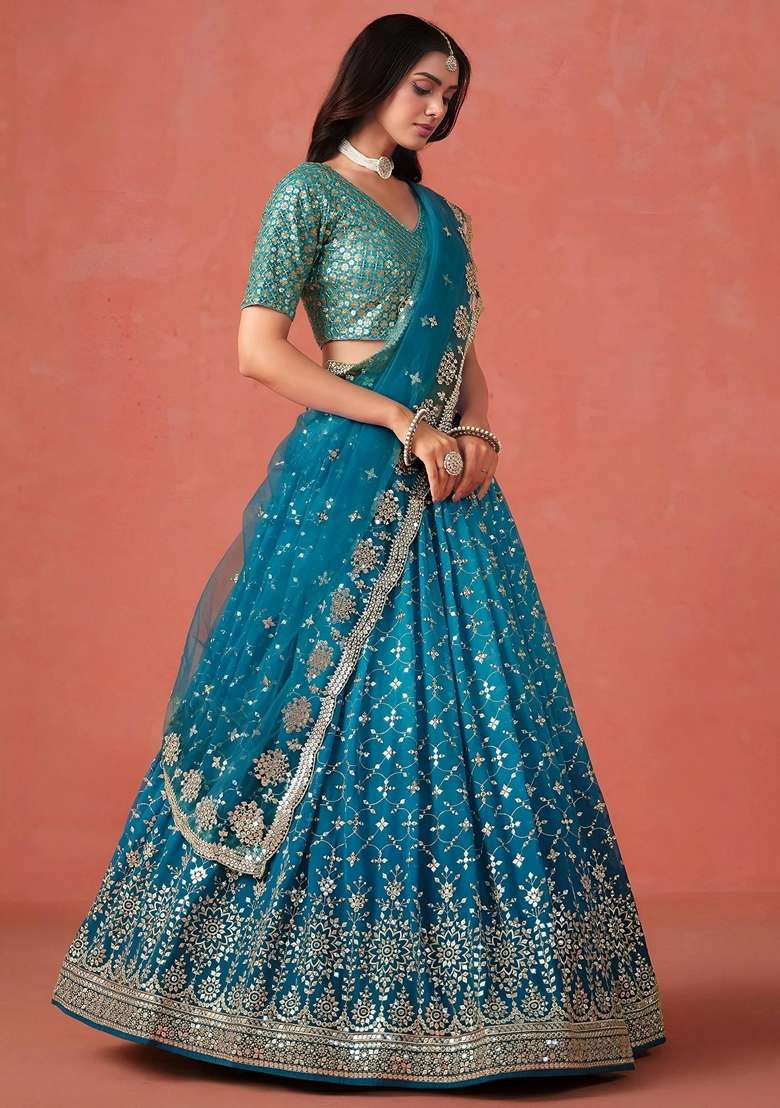 Blue Georgette Lehenga Set with Sequins for Diwali | Wedding & Festive Wear - Indya