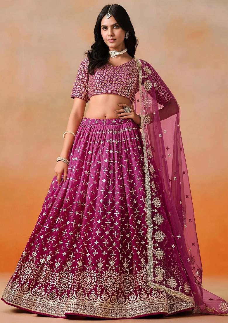 Pink Sequins Georgette Lehenga Set for Diwali and Festive Wear - Indya